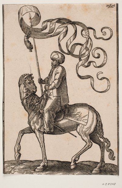 Berittener Standartenträger, Profil nach links; die Standarte ist dreizackig und darunter hängt eine Feder; sein Schwert ist zwischen seinem linken Bein und der Flanke des Pferdes angebracht von Melchior Lorck