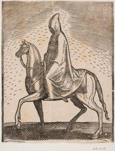 Reiter mit Mantel und Hut, Profil nach links; unter seinem Mantel ist ein Schwert zu sehen von Melchior Lorck