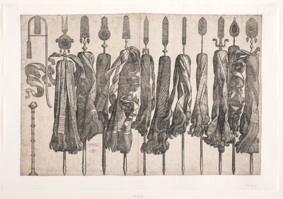 Elf religiöse Standarten und zwei (vermutlich) Blasinstrumente von Melchior Lorck