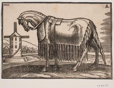 Pferd, bedeckt mit Schabracke, Profil nach links von Melchior Lorck