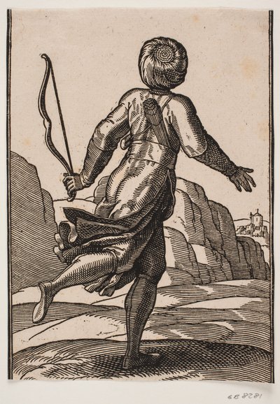 Laufender Bote, von hinten gesehen, in Felsenlandschaft; in der linken Hand ein Bogen, ein Bündel Pfeile steckt im Gürtel, in einer Schnur über der Schulter ein Köcher von Melchior Lorck