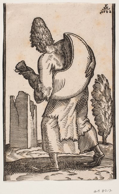 Nach links gehender Mann, von hinten gesehen; auf dem Rücken trägt er einen Ledersack mit Wasser von Melchior Lorck