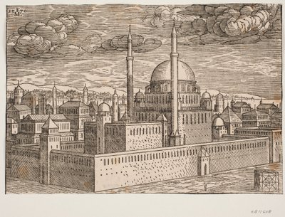Moschee mit zwei Minaretten, gesehen von Nordwesten; auf der anderen Seite des Wassers ist Galata zu sehen? In der unteren rechten Ecke befindet sich ein kubisch geformter Stein, auf dem eine quadratische geometrische Figur eingraviert ist, eine Figur, die von Melchior Lorck