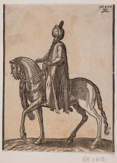 Berittener älterer Mann, mit Keule an seiner Seite, Profil nach links; unter dem Hals des Pferdes hängt ein Pferdeschwanz oder Ochsenhaar als Zeichen des würdevollen Status des Mannes von Melchior Lorck