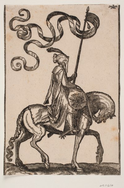 Berittener Fahnenträger, Profil nach rechts; die Standarte ist zweischwänzig; der Reiter ist unbewaffnet; auf dem Rücken des Pferdes vor ihm befindet sich ein wurstförmiger Sack zum Tragen von Gepäck von Melchior Lorck
