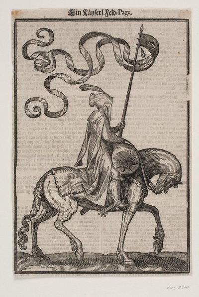 Berittener Fahnenträger, Profil nach rechts; die Standarte ist zweischwänzig; der Reiter ist unbewaffnet; auf dem Rücken des Pferdes vor ihm befindet sich ein wurstförmiger Sack zum Tragen von Gepäck von Melchior Lorck