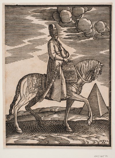 Reiter mit einer Flasche um den Hals, Profil nach rechts; ein Schwert an seiner rechten Seite und Gepäck vor ihm, über den Sattel drapiert; rechts im Hintergrund eine Pyramide von Melchior Lorck