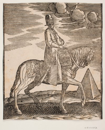 Reiter mit einer Flasche um den Hals, Profil nach rechts; ein Schwert an seiner rechten Seite und Gepäck vor ihm, über den Sattel drapiert; rechts im Hintergrund eine Pyramide von Melchior Lorck