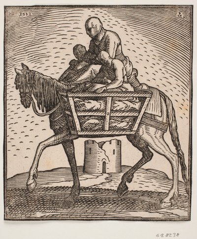 Reiter mit Kapuze über dem Gesicht; auf jeder Seite des Pferdes ein Gitterkäfig mit einer Person; Profil nach links; unter dem Pferd eine ruinierte, zylindrische Turm von Melchior Lorck