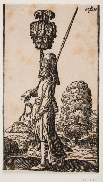 Soldat mit Speer und Schwert, im Profil nach links, stehend in einer Küstenlandschaft; hinter ihm ein großer Baum; sein Kopfschmuck ist mit einer riesigen Feder verziert von Melchior Lorck