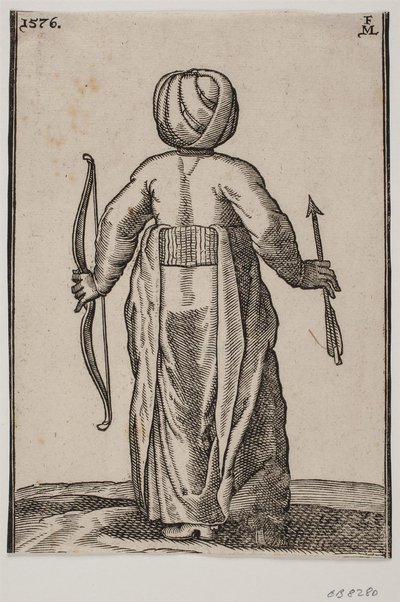 Stehender Bogenschütze, von hinten gesehen; in der linken Hand ein Bogen, in der rechten Hand ein Pfeil von Melchior Lorck
