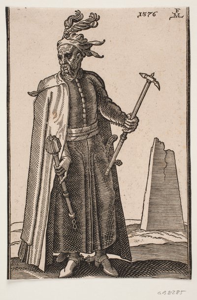 Stehender, mit Mantel bekleideter Soldat, frontal gesehen; in der rechten Hand eine Keule, in der linken eine Streitaxt; Sporen an den Fersen von Melchior Lorck