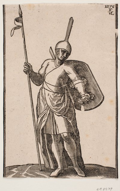 Stehender Soldat, frontal gesehen; Kopfbedeckung mit hohem, dünnem Top; in der rechten Hand ein Speer, auf dem linken Arm ein Schild, der von innen zu sehen ist von Melchior Lorck