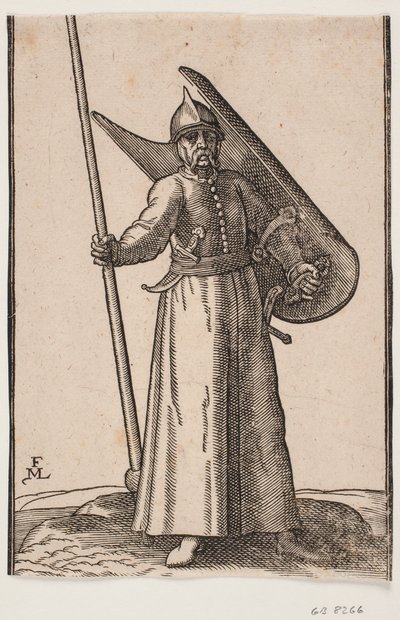 Stehender Soldat mit Helm auf dem Kopf; in der rechten Hand eine Lanze, deren Spitze außerhalb der oberen Einrahmungslinie ist; am linken Arm ein gekrümmter Schild, der von innen zu sehen ist; im Gürtel unter dem rechten Arm ein gekrümmter Dolch, an der li von Melchior Lorck