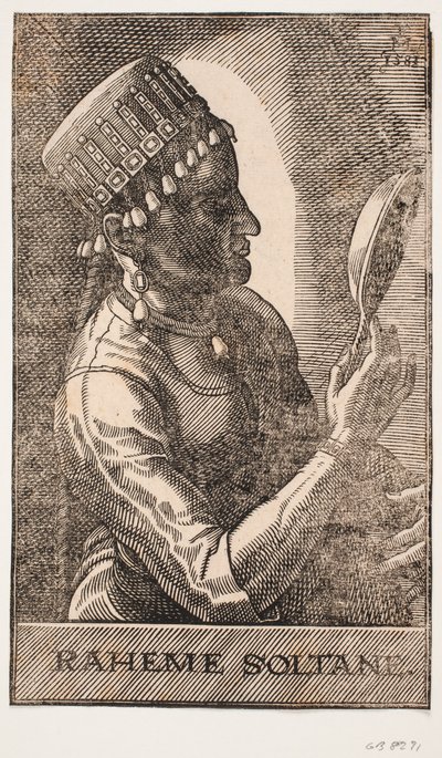 Porträt der Sultanin, spiegelnd, Profil nach rechts: RAHEME SOLTANE. von Melchior Lorck