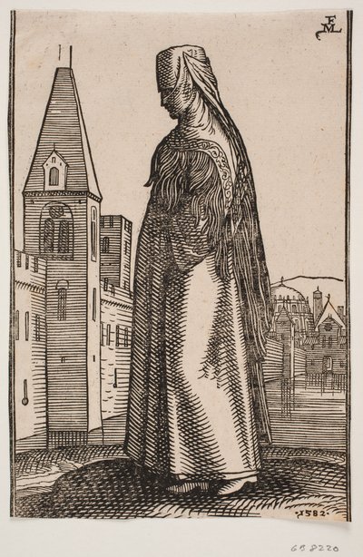 Verschleierte, gehende Frau, Profil nach links; vor ihr erhebt sich eine Stadtmauer mit Türmen aus dem Wasser von Melchior Lorck