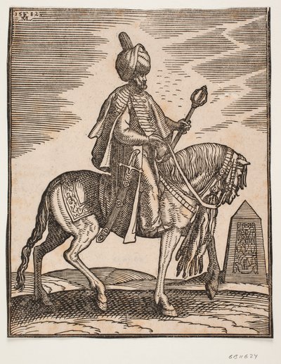 Reiter mit Turban, Schwert an der rechten Seite und Keule in der linken Hand, Profil nach rechts; im Hintergrund ein Obelisk von Melchior Lorck