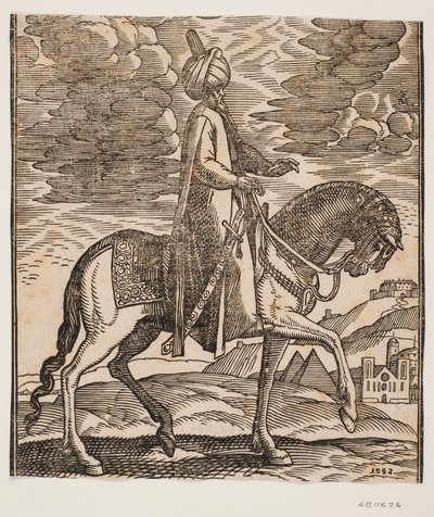 Reiter mit Turban, mit einem Schwert an seiner rechten Seite, Profil nach rechts; zwischen den Vorderbeinen des Pferdes kommen zwei Pyramiden in Sicht von Melchior Lorck