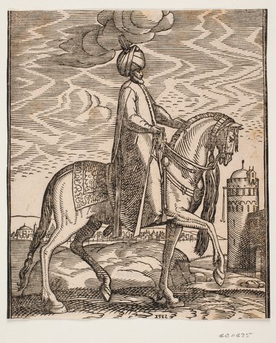 Reiter mit Turban, mit Keule an der rechten Seite des Pferdes; Profil nach rechts; auf der rechten Seite des Bildes eine Mauer mit einem Tor und einem runden Turm von Melchior Lorck