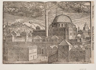 Unidentifizierte Moschee mit 2 Minaretten, von Südosten gesehen; links ein Berg mit befestigter Stadt von Melchior Lorck