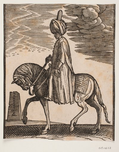 Unbewaffneter Reiter mit Turban, Profil nach links; vor dem Pferd ein zerstörter Obelisk von Melchior Lorck
