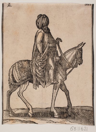 Unbewaffneter wohlgenährter älterer Reiter mit Turban auf dem Kopf, Profil nach rechts von Melchior Lorck