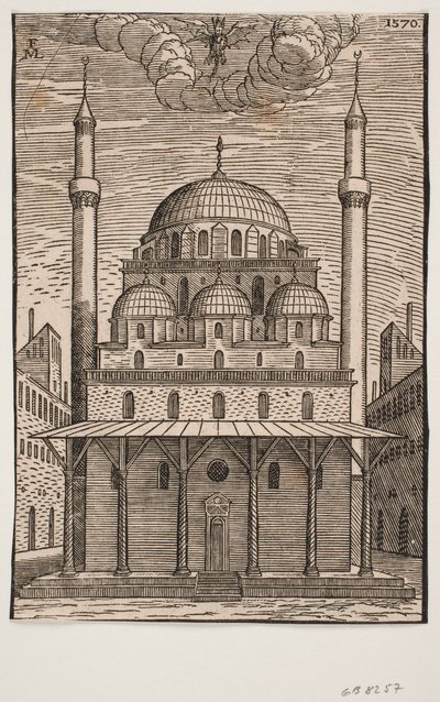 Unidentifizierte Moschee mit einem drachenähnlichen Teufel darüber schwebend von Melchior Lorck