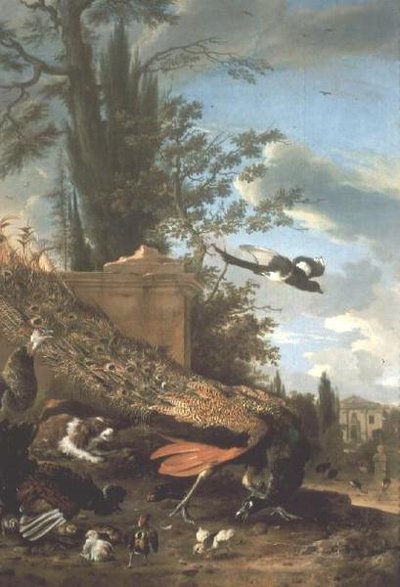 Ein Pfau und ein Spaniel im Garten einer Villa von Melchior de Hondecoeter