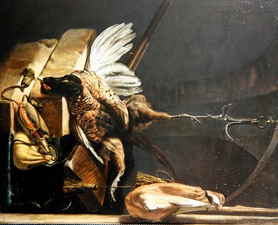 Stillleben eines toten Fasans, der an einem Haken hängt von Melchior de Hondecoeter