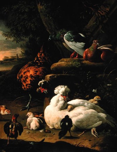 Eine Henne mit Küken, ein Hahn und Tauben in einer Landschaft von Melchior de Hondecoeter