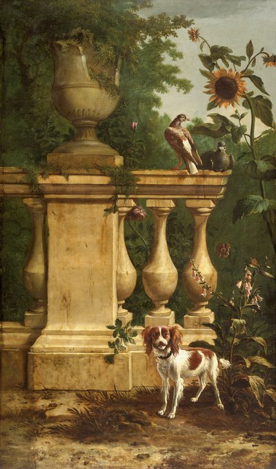 Tauben und ein Hund in einem Garten von Melchior de Hondecoeter