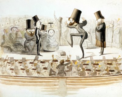 Giuseppe Verdi (1813-1901), italienischer Komponist bei Proben von „Ein Maskenball“ mit Tenor Fraschini und Sopran Fioretti. Karikatur von Melchiorre Delfico. Mailänder. von Melchiorre Delfico