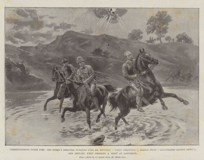 Korrespondenten unter Beschuss, der feindliche Schrapnell explodiert über Mr. Nevinson (Daily Chronicle), Melton Prior (Illustrated London News) und Diener, als sie einen Drift in Ladysmith überqueren von Melton Prior