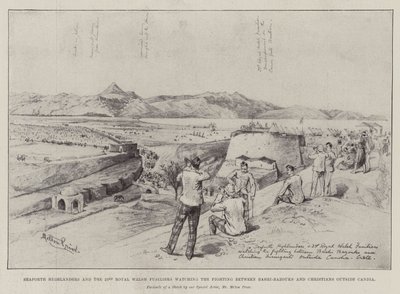 Seaforth Highlanders und die 23. Royal Welsh Fusiliers beobachten die Kämpfe zwischen Bashi-Bazouks und Christen außerhalb von Candia von Melton Prior