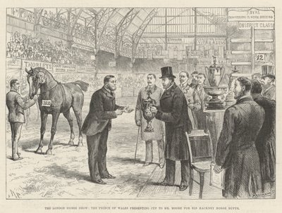 Die Londoner Pferdeschau, der Prinz von Wales überreicht Mr. Moore den Pokal für sein Hackney-Pferd Rufus von Melton Prior