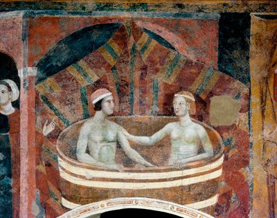 Szene des ehelichen Lebens im Mittelalter. Ein Paar bei der Toilette in einem Bottich. (Detail) von Memmo di Filippuccio