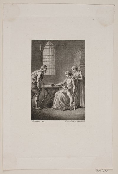Illustration mit einem Wächter vor einer sitzenden und einer stehenden Frau von Meno Haas