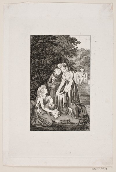 Illustration mit vier Personen um einen kranken Jungen im Wald von Meno Haas