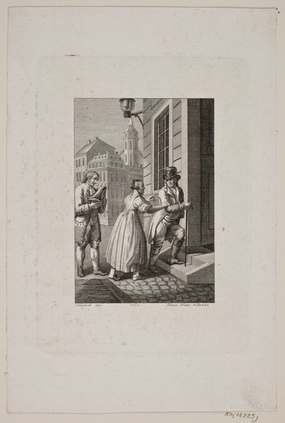 Illustration mit Frau, die einen Herrn an einem Tor aufhält, während ein Diener zusieht von Meno Haas