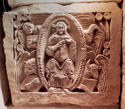 Merowingische Kunst: der Tetramorphe Christus. Unteres Relief des Grabes von Agilbert (7. Jahrhundert), Bischof von Paris von Merovingian