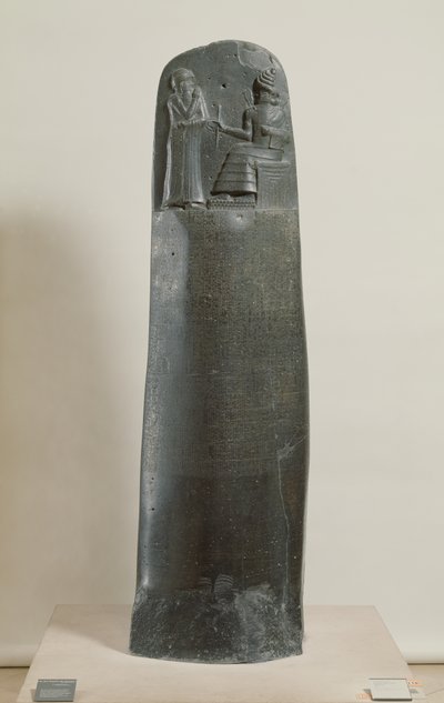 Gesetzescode von Hammurabi: der Gott Shamash diktiert seine Gesetze an Hammurabi, König von Babylon, gefunden in Susa, Iran, ca. 1750 v. Chr. von Mesopotamian