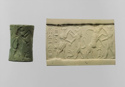 Zylindersiegel des Kampfes mit moderner Impression ca. 2250-2150 v. Chr. (Albit) von Mesopotamian Mesopotamian