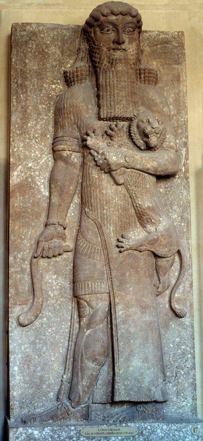 Mesopotamien: Statue von Sargon, der einen Löwen bezwingt, genannt Gilgamesch. Hof von Khorsabad (Khunsabad) 8. Jahrhundert. Paris, Louvre Museum von Mesopotamian Mesopotamian