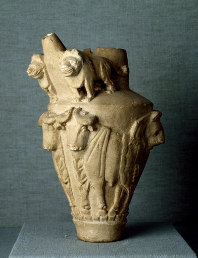 Mesopotamische Kunst: Ritual-Kalksteinvase mit Stieren und Löwen. Sun. h. 30,2 cm. Von der Stätte Uruk (oder Uruk), Irak. Bagdad, Archäologisches Museum von Mesopotamian Mesopotamian