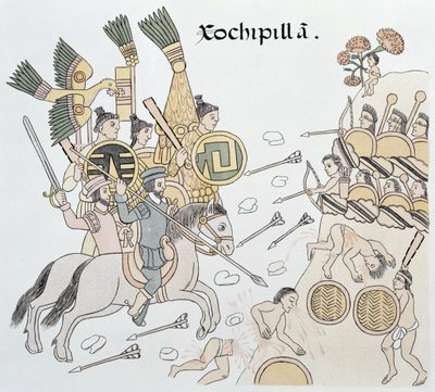 Schlacht von Xochipilla zwischen den Spaniern und den Azteken, Illustration aus einer Faksimile einer mexikanischen indianischen Bildgeschichte Lienzo de Tlaxcala von ca. 1550, 1892 von Mexican School