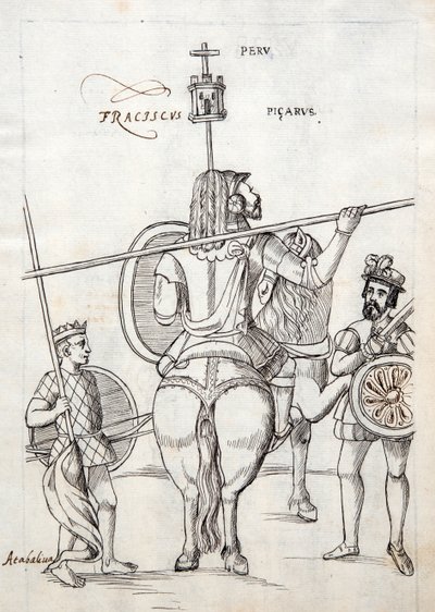 MS Hunter 242 f.248r Picarus oder Pizarro und Kriegspferd, Illustration aus der Historia de Tlaxcala von Diego Muñoz Camargo von Mexican School