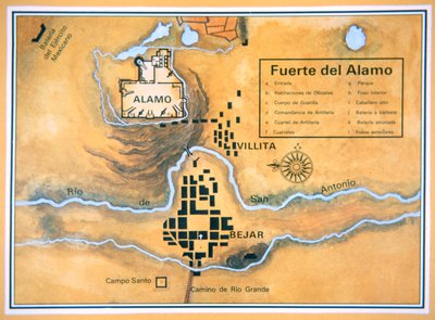 Karte des Alamo-Gebiets in San Antonio basierend auf Santa Annas ursprünglicher Schlachtfeldkarte von Mexican School