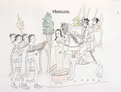 Treffen von Hernando Cortes (1485-1547) und den Azteken, Illustration aus einer Faksimile einer mexikanischen indianischen Bildgeschichte Lienzo de Tlaxcala von ca. 1550, 1892 von Mexican School