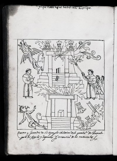 Ms Hunter 242 f.240v Franziskaner brennen Tempel nieder, Illustration aus Historia de Tlaxcala von Diego Munoz Camargo von Mexican School