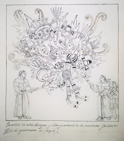 Franziskanermönche verbrennen traditionelle Bücher und Kleidung, aus Historia de Tlaxcala von Diego Muñoz Camargo von Mexican School